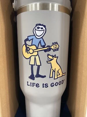 GUITAR & DOG 40oz Gray Steel Tumbler & Straw Cup Holder Friendly Life Is Good - Image 1 of 4