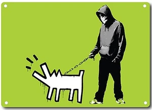 Letrero de pared de metal con capucha Banksy para hombre y perro 380 mm x 280 mm (2f) - Imagen 1 de 1