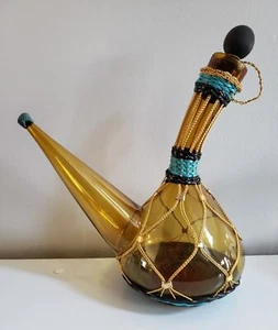 RARE AMBER Hand Blown Glass Wine Carafe Decanter Wrapped Wire Wood Cork Bent  - Picture 1 of 7