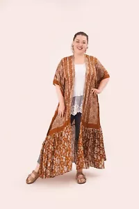 Plus Size Boho Floral Print Paisley Gypsy Mocha Kimono Cardigan Hippie Duster - - Picture 1 of 4