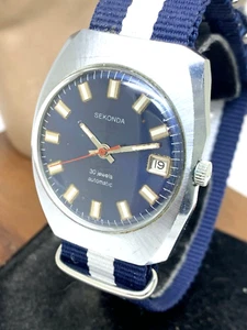 Sekonda Men's Watch Vintage USSR Automatic Blue Dial Date Nylon Strap 36mm - Picture 1 of 13