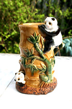 Vtg Majolica Vase Planter Figurine Panda Bears Mom Baby Bamboo