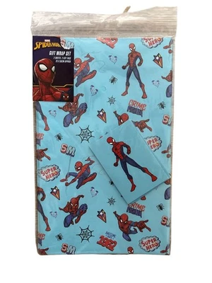 MARVEL spiderman GIFT WRAP 2 x sheets + 2 TAGS Spiderman gift wrap pale blue - Image 1 of 2