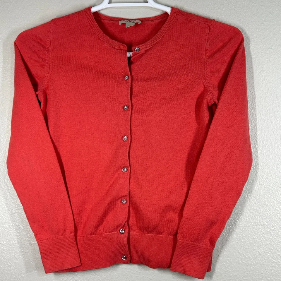 LOFT Cardigan Womens S Coral Red 100% Cotton Crystal Button Crewneck Long Sleeve - Image 1 of 4