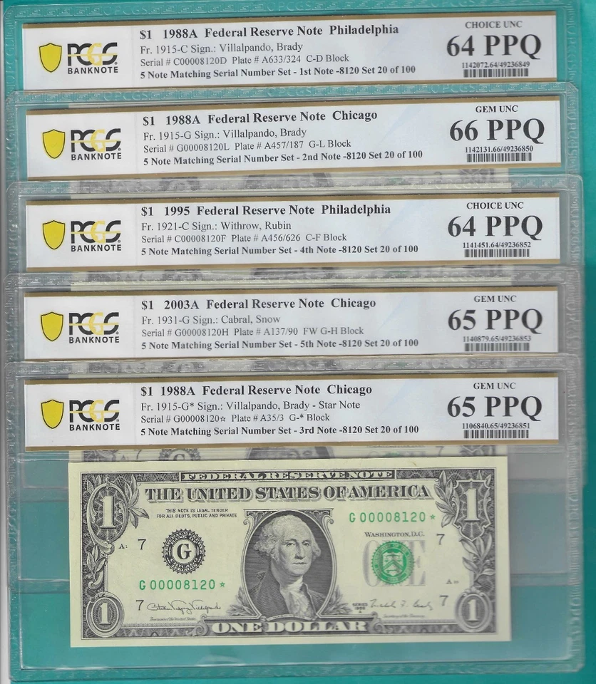 $1 5X MATCHING Set of 5 NOTES LOW Serial Number 4 Digit 00008120 PCGS Graded - Image 1 of 1