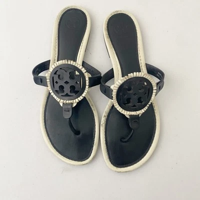 Sandalias Tory Burch Miller con flecos zapatos negro blanco talla 10 Foto 1 de 4