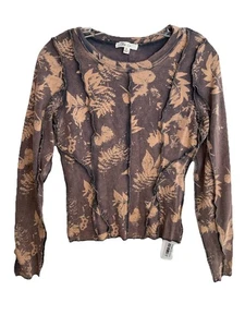 Top Oli & Hali donna piccolo lavato blu navy a costine termico manica lunga stampa foglia - Foto 1 di 9