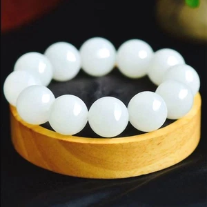 Zertifiziert Natürlich 20mm Weiß HeTian Nephrit Jade Rund Perlen Stretch Armband - Bild 1 von 5