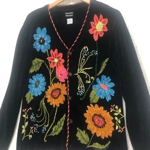 Sweater Sweater Black Floral Embroidered Corduroy Cardigan Womens Medium - Picture 1 of 7
