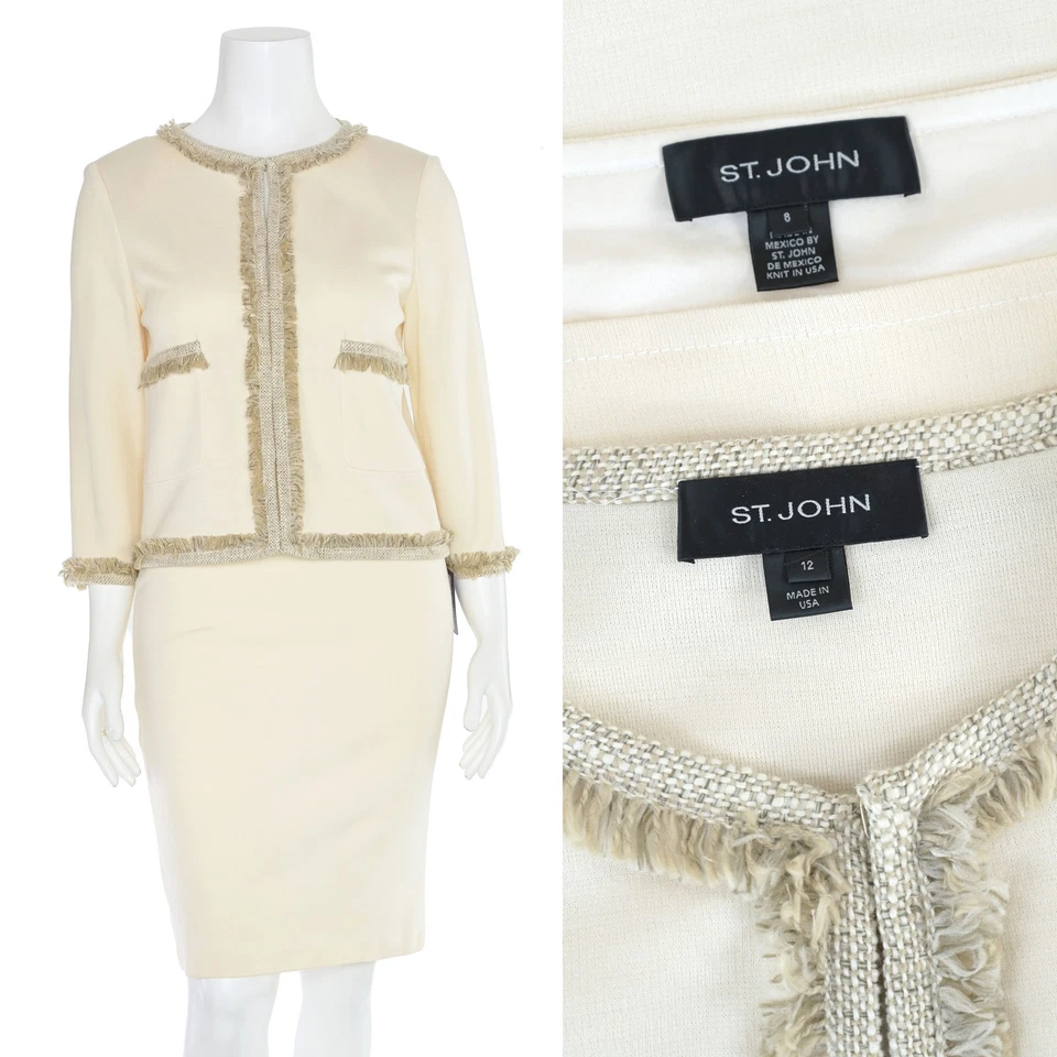 Traje chaqueta y falda punto Milano con flecos St. John Knits 2 piezas en crema/bronceado talla 12/8 Foto 1 de 4
