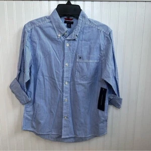 Tommy Hilfiger NWT Blue & White Stripe Button Up Shirts Boys Size Small (8/10) - Picture 1 of 6