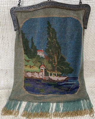 Antique STERLING SILVER Micro-Beaded Purse w/ Scenic Seaside Village 18-1900’s - Image 1 of 4