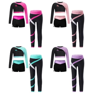 Kinder Mädchen Outfit Weste Set Sport Anzug Tanz Farbblock Yoga Langarm 3Stück - Bild 1 von 22