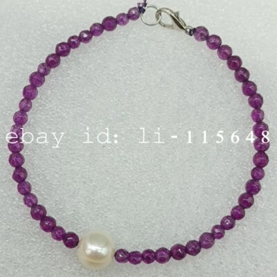 天然 4 毫米紫色刻面紫水晶圆形宝石珠和 8-9 毫米珍珠手链 7.5 — 第 1/4 张图片