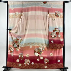 Japanese kimono SILK FURISODE Flower Circle Dew covered Grass Pink - Picture 1 of 5