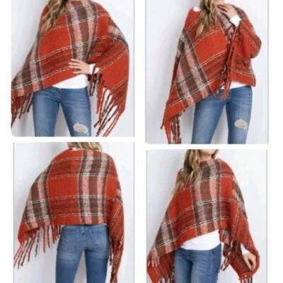 Poncho Suéter Naranja Negro Blanco Suave a Cuadros Oklahoma State Cowboys Envoltura OSFM Foto 1 de 4