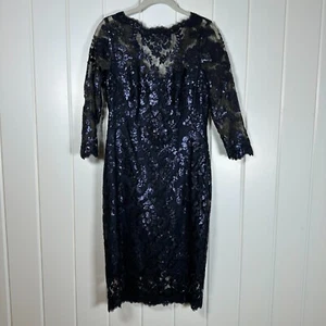TADASHI SHOJI Dress 8 Navy Paillette Embroidered Tulle Sequin Sheath Gown Formal - Picture 1 of 7