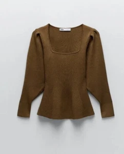 ZARA khaki knit peplum jumper S BNWT - Picture 1 of 4