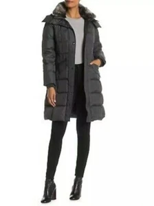 Authentic London Fog Women's Faux Fur Trim Removable Hood Puffer Coat, SLATE, M - Picture 1 of 6