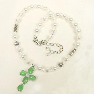Collar Regalo Cuentas de Perlas con Estrás Cruz Bautismo Bautizo Comunión - Imagen 1 de 22