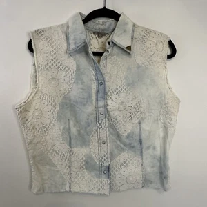 VTG Guess Denim Jean Vest Pearl Snap White Lace Distressed Top Women’s Large L - Picture 1 of 14