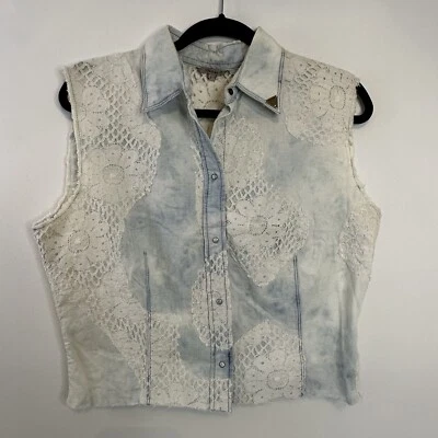 De Colección Guess Denim Jean Chaleco Perla A Presión Blanco Encaje Envejecido Top Para Mujer’s Grande L Foto 1 de 4