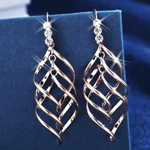 18K Rose Gold GF Simulated Crystal Twisted Rhombus Spiral Drop Dangle Earrings - Picture 1 of 4
