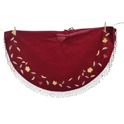 Velvet Beaded Fringe Floral Embroidered Christmas Tree Skirt 50" 4' Red Large - Image 1 of 4