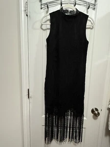 AQUA Dress Women’s XS Black Lace Overlay Fringe Hem Sheath Party Whimsy Goth EUC - Picture 1 of 17