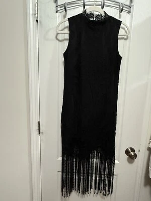 AQUA Dress Women’s XS Black Lace Overlay Fringe Hem Sheath Party Whimsy Goth EUC - Image 1 of 4