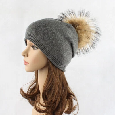 Mujeres Invierno Cálido Gorra Cachemira Mezcla Lana Tejido Piel Pom Ball Gorro Sombrero Foto 1 de 4