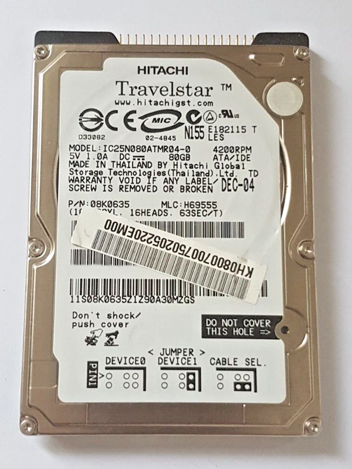 80 GB IDE Hitachi Travelstar IC25N080ATMR04-0 P-ATA 4200RPM 8MB 2.5" Hard Drive - Image 1 of 1