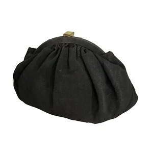 Vintage Gathered Clutch Bag Black Fabric w Coin Satin Lined Gold Clasp Closure - Picture 1 of 20