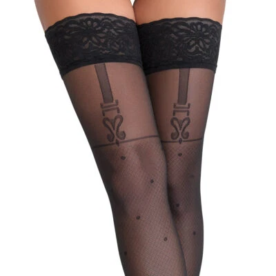 Halterlose Strümpfe S-XL breite Spitze 40 DEN Netz Muster sexy Nylons "Flirty" - Bild 1 von 4