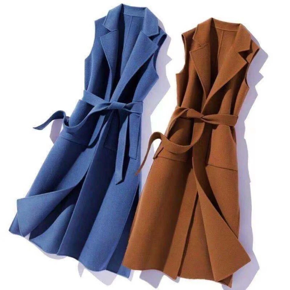 Lady Waistcoat Vest Sleeveless Lapel Jacket Midi Coat Belt Cardigan Warm - Image 1 of 4