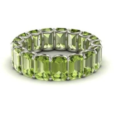 7.50 Ct Emerald Cut Natural Peridot & Diamond Eternity Band 14k White Gold Sz 7 - Image 1 of 4
