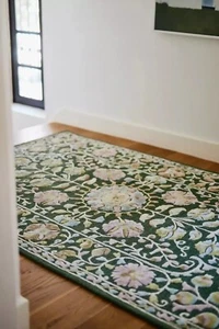 Handmade Wool & Silk Tufted Rug Floral Botanical Design Green Carpet - Picture 1 of 5