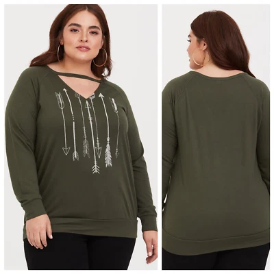 Torrid Size 2X Olive Lightweight Choker Sweatshirt Arrows Long Sleeve Green - Image 1 of 4