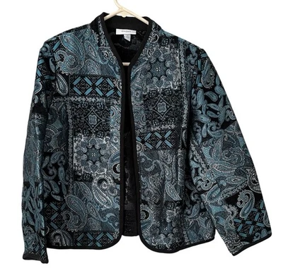 Chaqueta Blazer Dressbarn Azul Negro Paisley Tapiz Talla 1X Frente Abierto Boho Foto 1 de 4