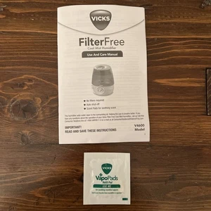 Manual for Vicks Humidifier Model V4600 Cool Mist Filter Free & VapoPads Refill - Picture 1 of 5