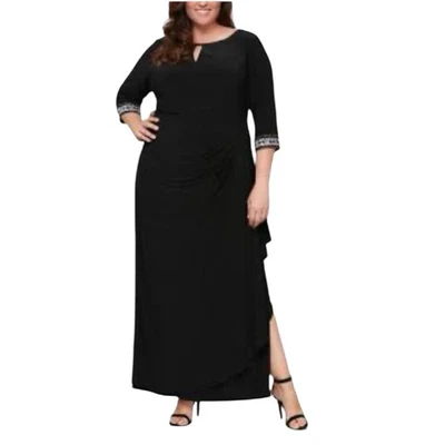 Alex Evenings 20W Black Embellished A-Line Faux Wrap Gown Long Formal Dress NWT - Image 1 of 4