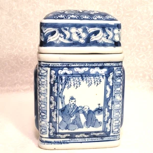 Vintage Chinoiserie blau & weiß Porzellan Teedose Dose mit Deckel gemarkt - Bild 1 von 9
