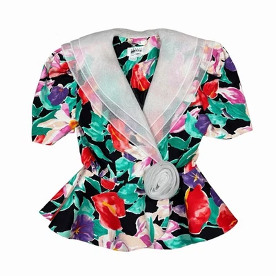 Винтажный Leslie Fay 80-х пеплум куртка верхний блейзер шифоновое воротник роза цветочный размер 6 - Изображение 1 из 4