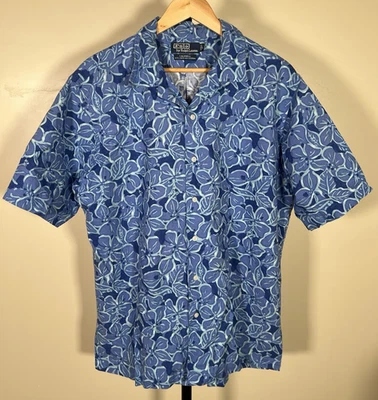 Polo Ralph Lauren Caldwell 蓝色亚麻木槿花卉夏威夷阿罗哈衬衫 尺寸 L — 第 1/4 张图片
