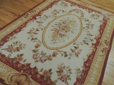 Alfombra Oriental Francesa Aubusson 4x6 Lana Rojo Dorado Beige Verde Gris Foto 1 de 4