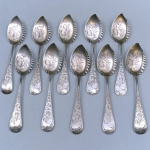 Antique Sterling 5 3/4" Set of 8 Bright Cut Ice Cream Spoons Victorian No Mono - Picture 1 of 8