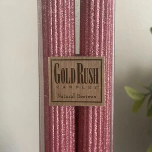 2 Gold Rush PINK DIAMOND Glitter 12" Ribbed Tall Candle Taper Natural Beeswax - Picture 1 of 6