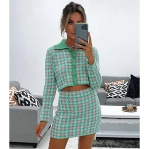 ZARA Houndstooth Cropped Cardigan Button Front Plaid Knit Sweater, Size M Green - Picture 1 of 12