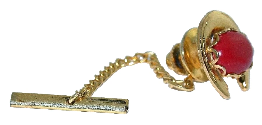 RESINATED RED CORAL 10x8 1/2 x 1/5 INCH OVAL CAB HORSESHOE GOLD COLOR TIE TACK - Image 1 of 2