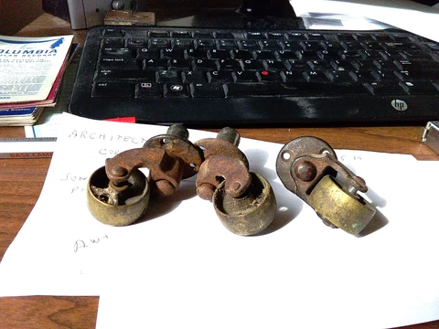 Lot 3 Antique 1 inch Cast Iron  Casters With Brass Wheels Screw On Cover